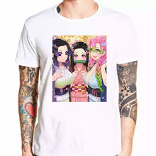 Load image into Gallery viewer, Anime Kimetsu No Yaiba White Cartoon Print T-shirt Male Hip Hop Oversize Top Harajuku Demon Slayer Unisex T Shirt Men Tee Tshirt
